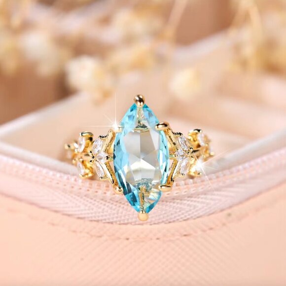 14k Gold Aquamarine Diamond Ring Marquise Cut Statement Cocktail Ring